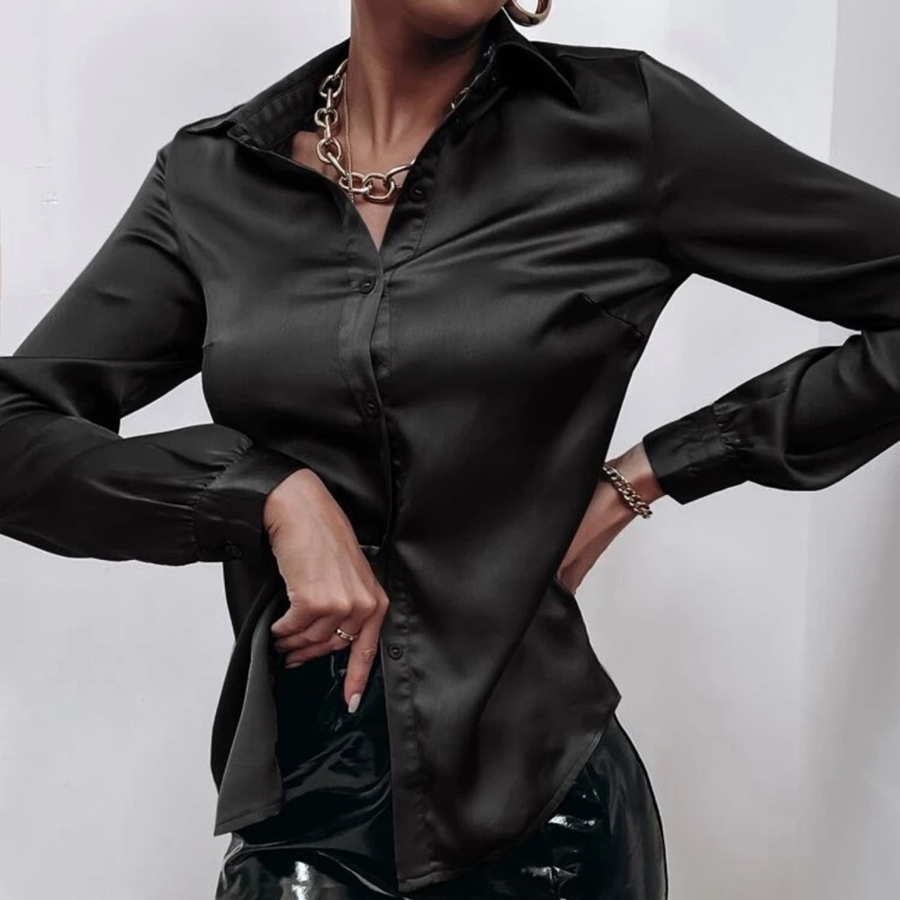 Satin silky button up down shirt sexy business professional casual holiday - Picture 14 of 15